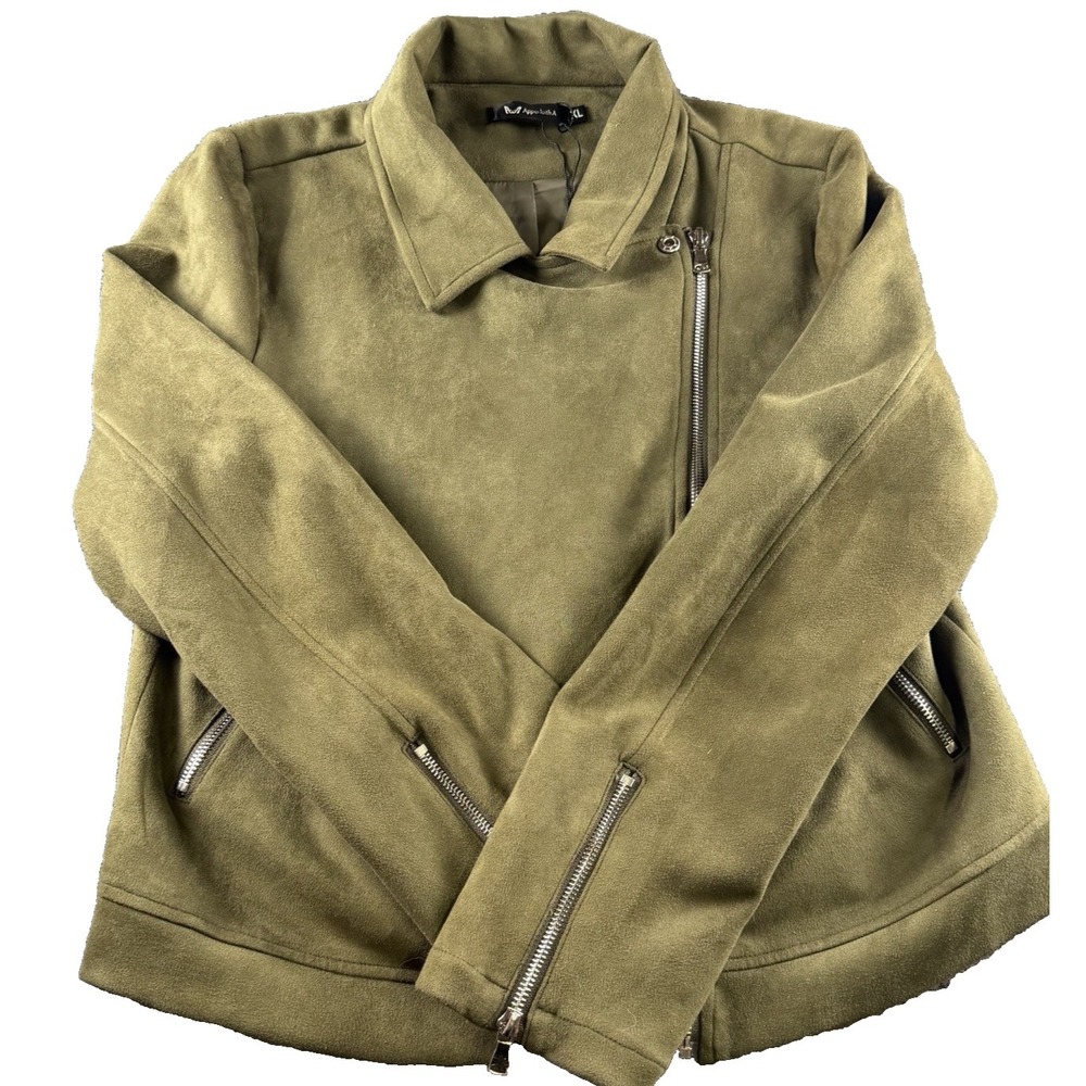 Apperloth A Moto Jacket Womens Green Faux Suede Long Sleeve Asymmetrical Zip XL